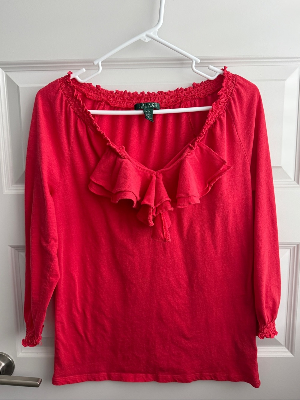 Lauren Ralph Lauren Pink Ruffle Neck Top Women’s Medium 100% Cotton Blouse